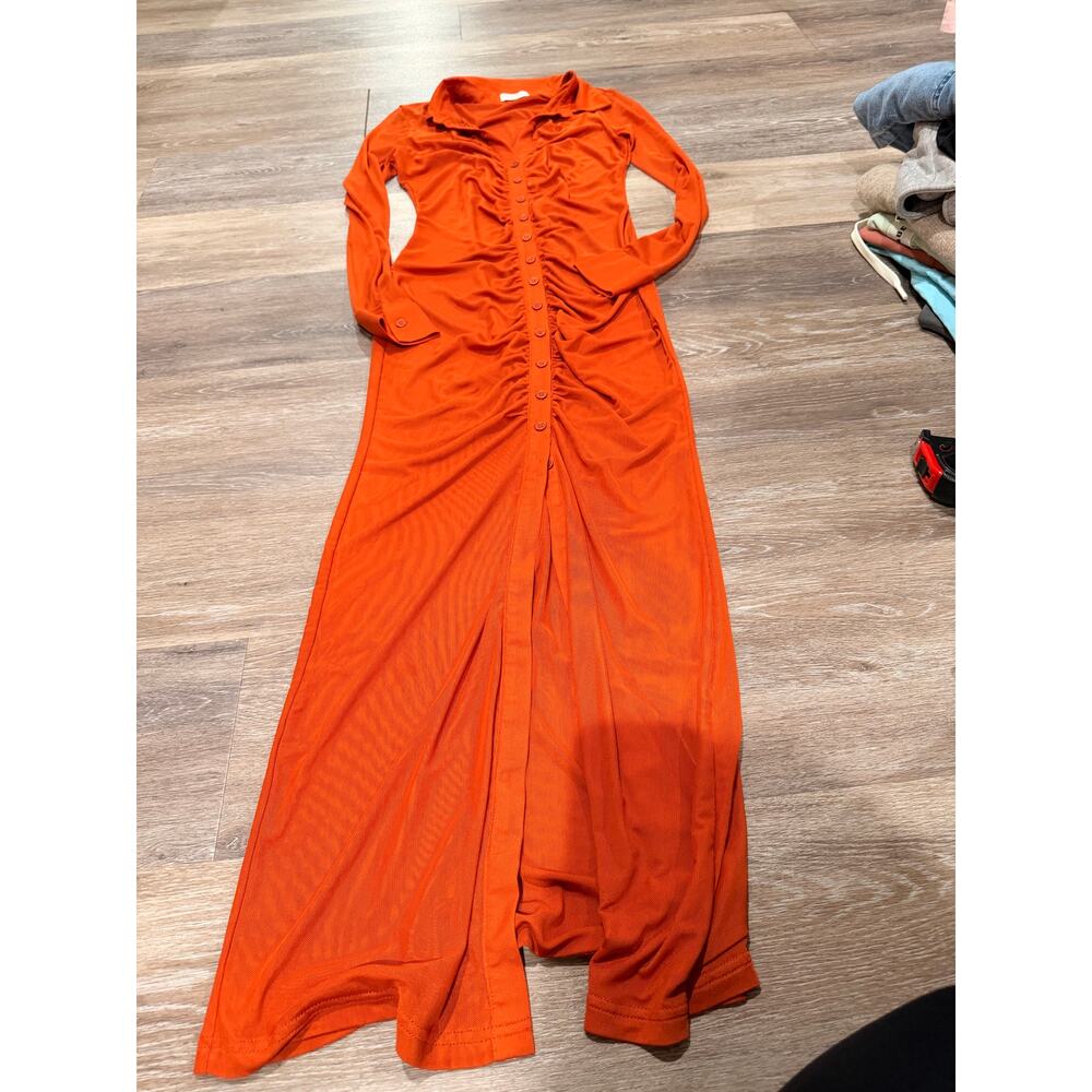 Meshki Rust Orange Rouched Button Down Maxi Dress… - image 3